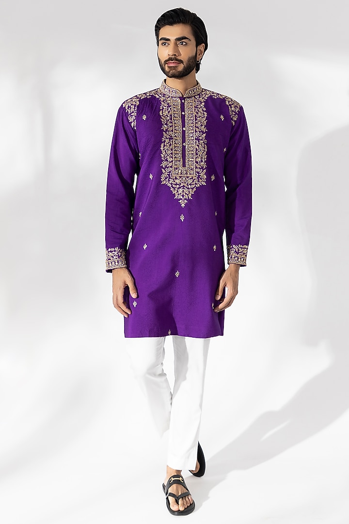 Purple Padma Silk Hand Embroidered Kurta Set by Shreyansh Designs at Pernia's Pop Up Shop